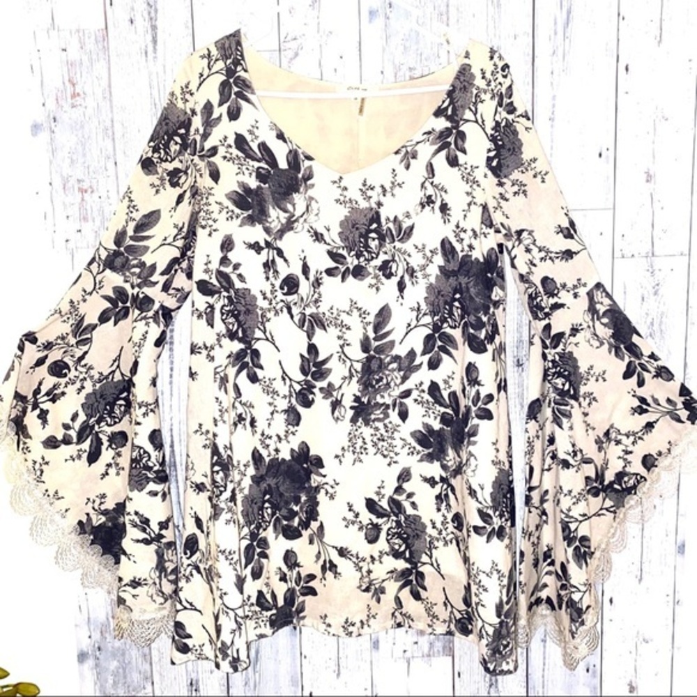 Ciel boho tunic dress S black floral tan lace romantic Victorian cottage core